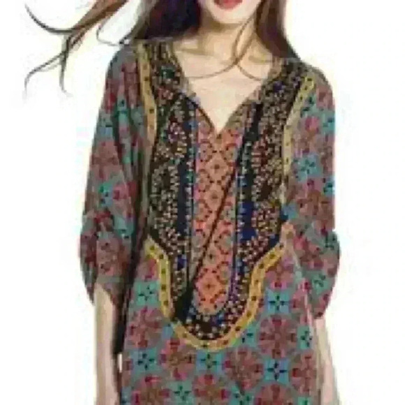 NLW Paisley,loose,oversized,flowy,bohemian Multicolored open neck w/Tassels SZ-M - Picture 8 of 10